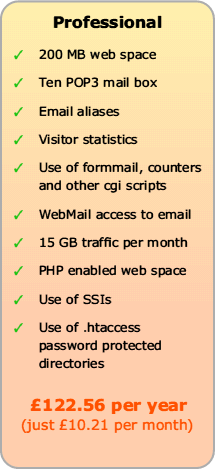 Professional Web Hosting includes 200Mb web space, up to Ten POP3 mail boxes, email aliases, visitor statistics, use of formmail etc, WebMail and 5Gb traffic, plus PHP, SSI and .htaccess and out of hours technical support